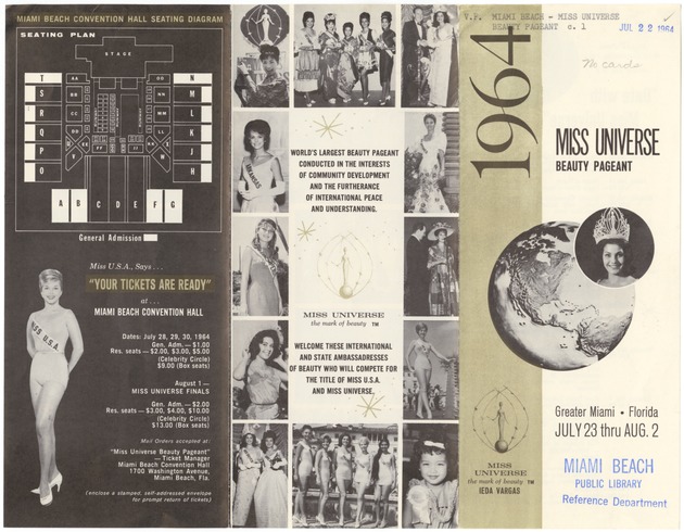 Miss Universe Beauty Pageant, Greater Miami, Florida, 1964, July 23 thru Aug. 2 - 948_3_000: Brochure, recto: Miss Universe Beauty Pageant