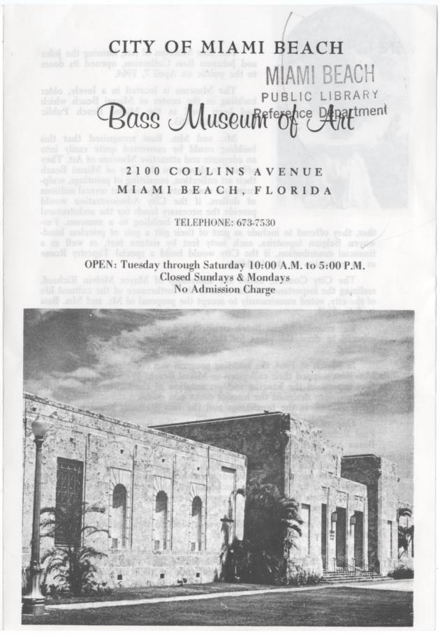 Bass Museum of Art leaflet - Leaflet, cover: City of Miami Beach Bass Museum of Art 