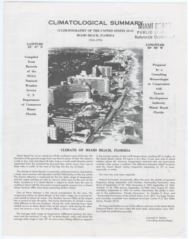 Climatological Summary (Climatography of the United States 20-8) Miami Beach, Florida 1941-1976 - Leaflet, cover: Climatological Summary (Climatography of the United States 20-8) Miami Beach, Florida 1941-1976