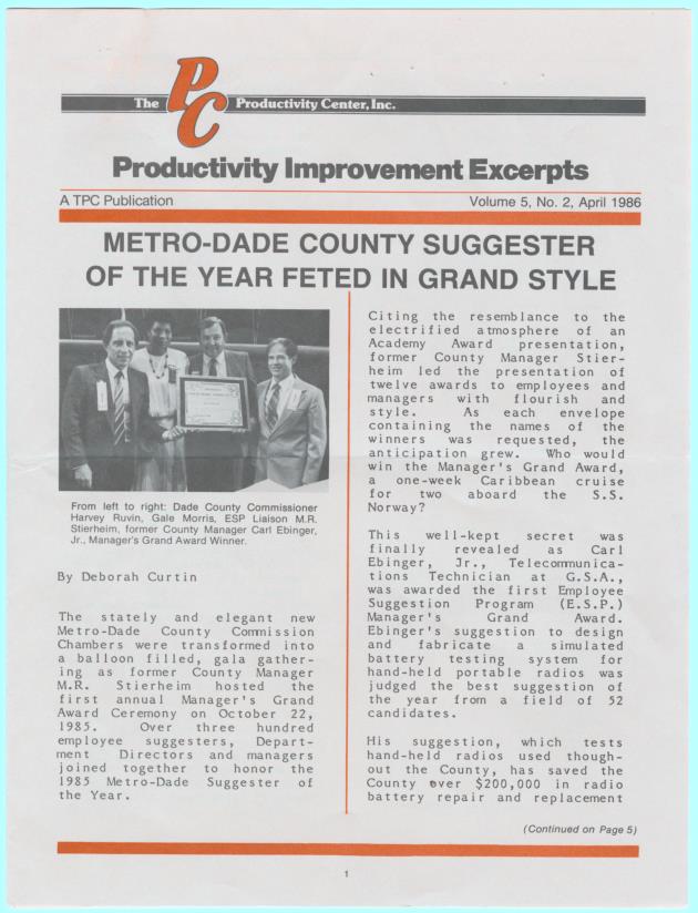 Interview with: City of Miami Beach Manager Robert Parkins - Leaflet, cover: The PC Productivity Center, Inc. Productivity Improvement Excerpts, A TPC Publication Volume 5, No. 2, April 1986