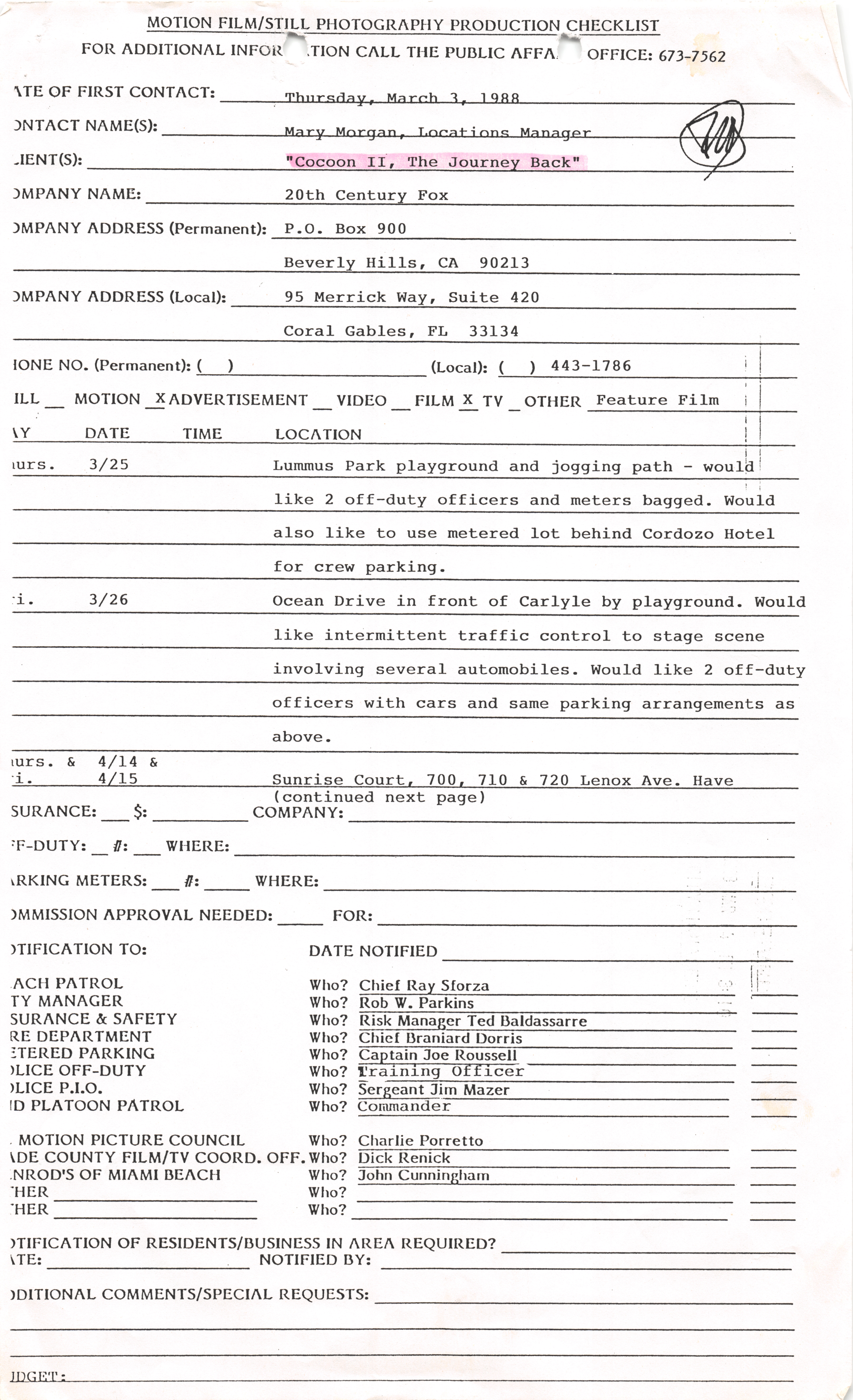 Documents related to 1980s film shoots on Miami Beach - Form, p. 1: Motion Film/Still Photography Production Checklist for "Cocoon II, The Journey Back," March 3, 1988