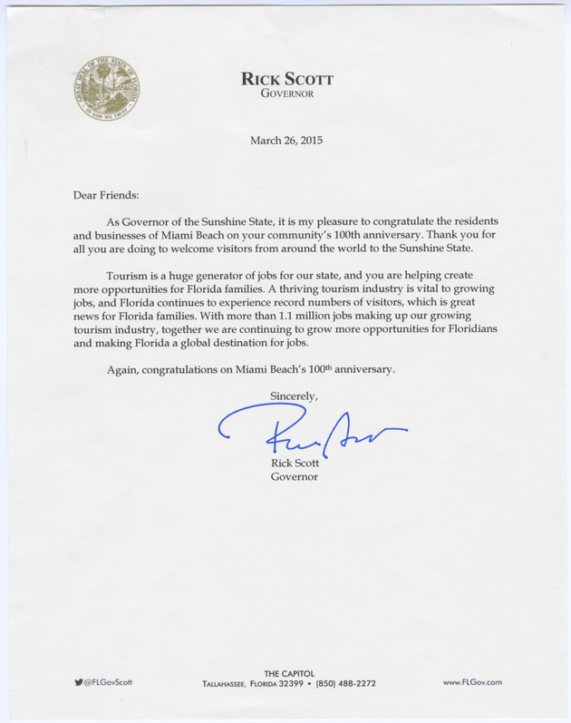 Letter from Governor Rick Scott congratulating on the centennial of Miami Beach, March 26, 2015 - Recto Correspondence
