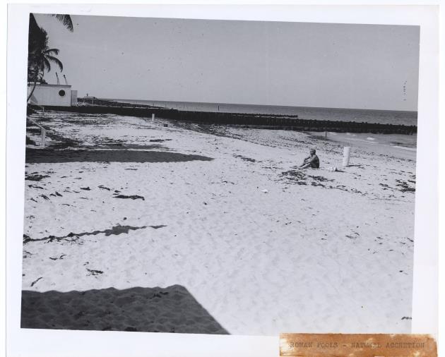 Miami Beach erosion and accretion of beach by hotels - Photograph, recto: Roman Pools - Natural accretion [View of sandy area in front of the Roman Pools]