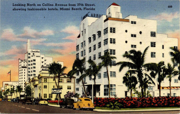 Looking North on Collins Avenue from 37th Street, showing fashionable hotels, Miami Beach, Florida - Recto