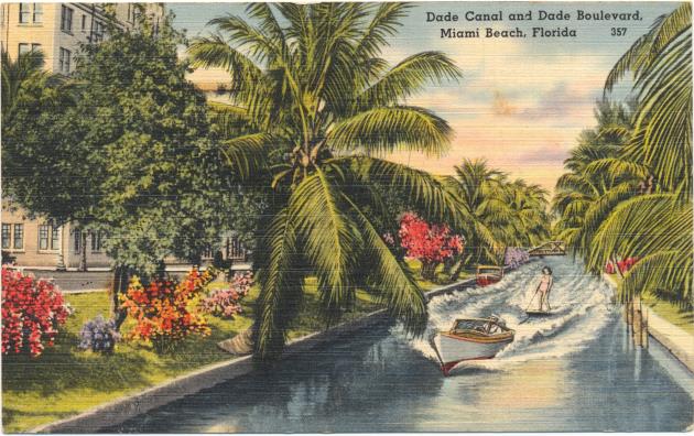 Collection of postcards of views of causeway, canals and water scenes in Miami Beach, 1920s to 1940s - Postcard, recto: Dade Canal and Dade Boulevard, Miami Beach, Florida