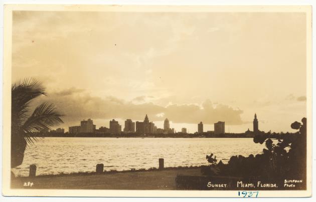 Collection of postcards and photographs of buildings and scenes of Miami, 1930s through the 1950s - Postcard, recto: Sunset. Miami, Florida [1937]