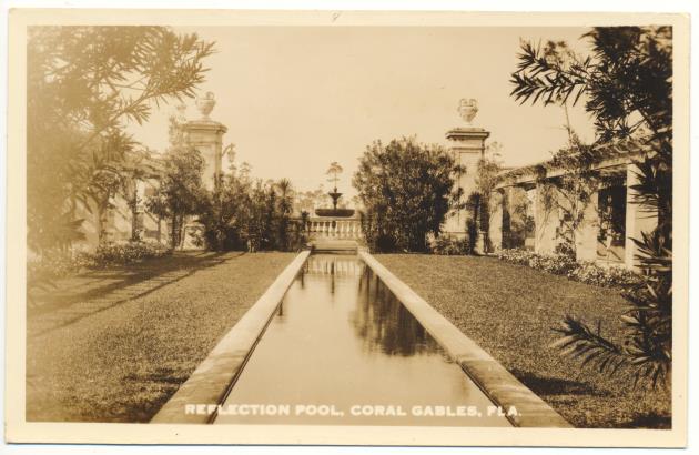 Collection of postcards of buildings and scenes in Coral Gables, Miami - Postcard, recto: [Photographic illustration] Reflection Pool, Coral Gables, Fla