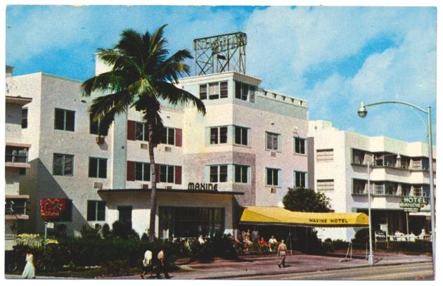The Maxine Hotel - Postcard, recto: [Photographic illustration of the Maxine Hotel on Collins Avenue at Eighteenth Street, Miami Beach, FL]