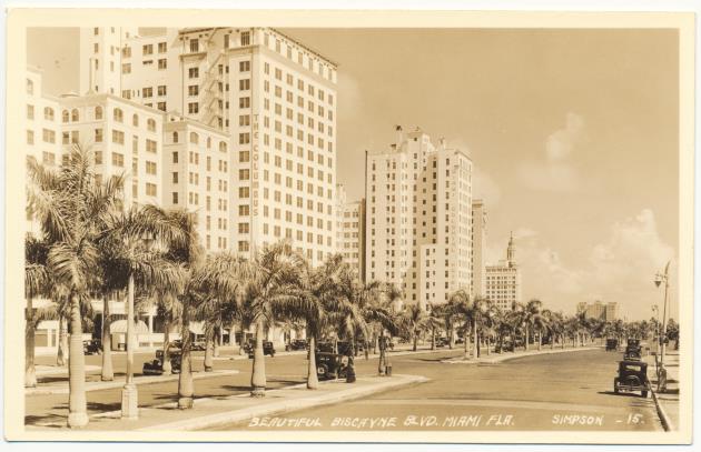 Beautiful Biscayne Blvd. Miami, Fla. - Postcard, recto: [Photographic illustration of Biscayne Boulevard looking north, Miami. The Freedom Tower can be seen in the back]
