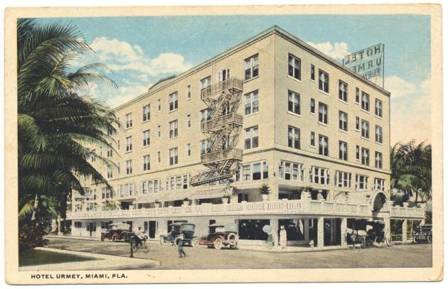 Hotel Urmey, Miami, Fla. - Postcard, recto: [Photographic illustration (hand-painted) of] Hotel Urmey, Miami, Fla