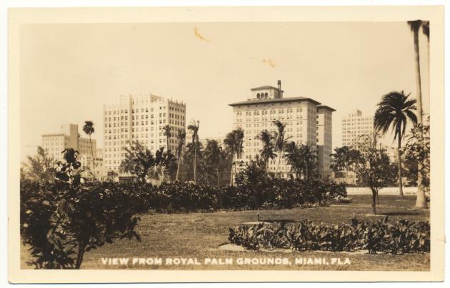 Royal Palm grounds, Bayfront Park, The Loggia, Flamingos nesting at Hialeah Park postcards - Postcard, recto: View from Royal Palm grounds, Miami, Fla.