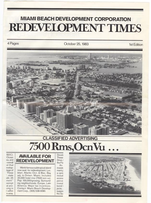 Redevelopment Times - Pamphlet, cover:Miami Beach Development Corporation Redevelopment Times [Top, aerial illustration of Miami Beach, Biscayne Bay islands and Miami's skyline. Bottom right, aerial view of Miami Beach from the Government Cut] 