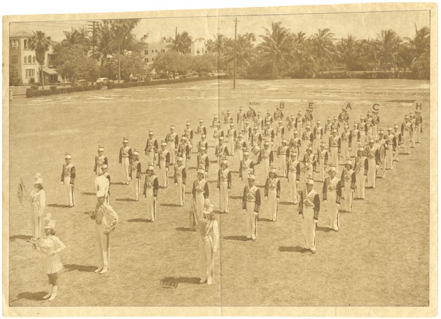 Miami Beach High School Band, Drum and Bugle Corps, 1938-1943 - Photograph, recto: [View of the Miami Beach High School band. Aristotle Ares, Captain, is part of the band. 1943]