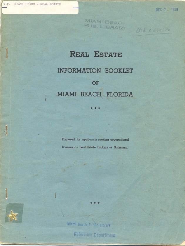 Real Estate Information Booklet of Miami Beach, Florida. - Typescript, cover: Real Estate Information Booklet of Miami Beach, Florida