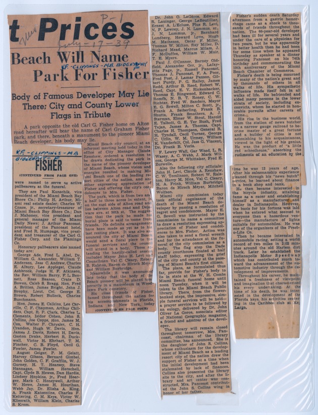 Carl Fisher's funeral services and commemorative events, July 1939, and The Miami News front page from December 19, 1969 - Clippings, recto: [Two newspaper clippings about Carl Fisher]