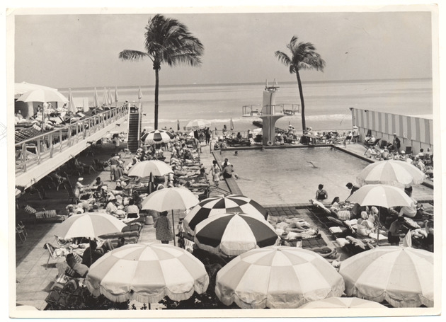 View of hotel pool overlooking the ocean