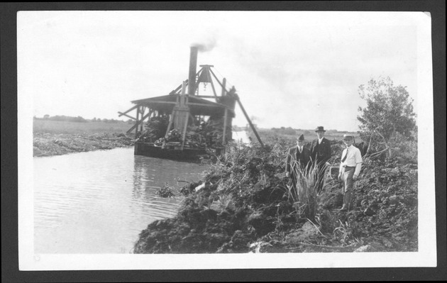 Everglades photographs, 1919-1924 - Item 1 On top of drill barge--Capt. Geo. F. Cook, Hon. D. A. McDougal, Capt. J. F. Jaudon and Mr. Franklin Floete. Chevelier Tract, Tamiami Trail, about 1924.