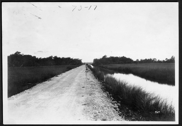 Everglades scenes in Miami-Dade County, 1920 - 1. Rock road and drainage canal through prairie between Fulford and Sunny Isles, July 4, 1920.
