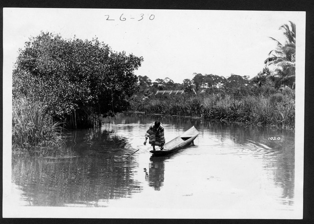 Seminole Indians fishing and preparing food, 1920-1923 - 1. Man spear fishing in the Miami River, from a dugout canoe, July 31, 1920. no. 26-30.
