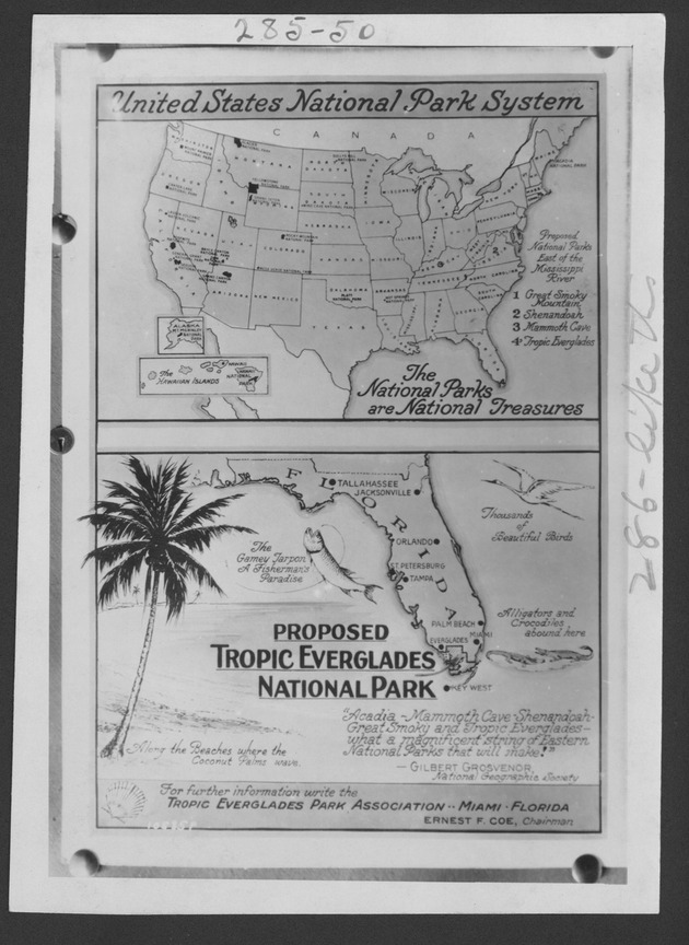 Everglades advertising, 1929-1931 - 1. Poster. Top, map of U.S. national park system. Bottom, map of proposed Tropic Everglades National Park. 1929? no. 285-50 and 286-50.