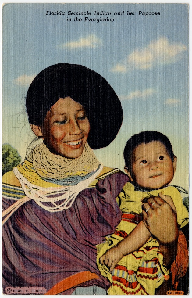 Florida Seminole Indian and her papoose in the Everglades - Front