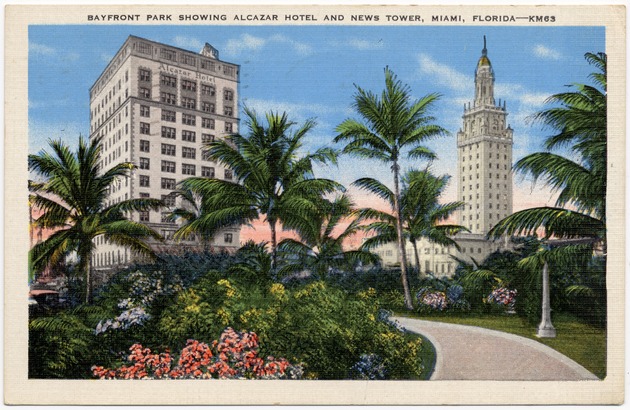 Bayfront Park showing Alcazar Hotel and News Tower, Miami, Florida - Front