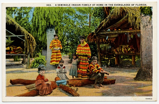 A Seminole Indian family at home in the Everglades of Florida. - Front