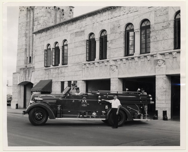 Firemen and fire truck in front of  Public Safety Building, Coral Gables, Florida - Recto