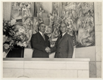 WPA Representative and Mayor Paul McGarry in front of Mural, Coral Gables, Florida