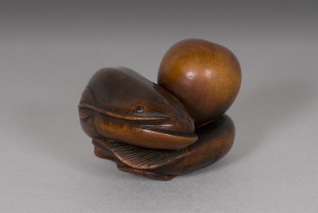 Netsuke: catfish curled around a gourd - artifact front view