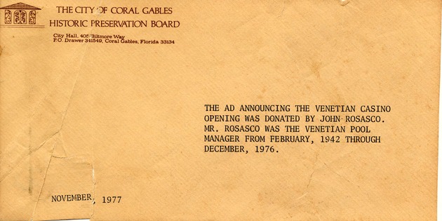 The City of Coral Gables Historic Preservation Board note on Venetian Casino
