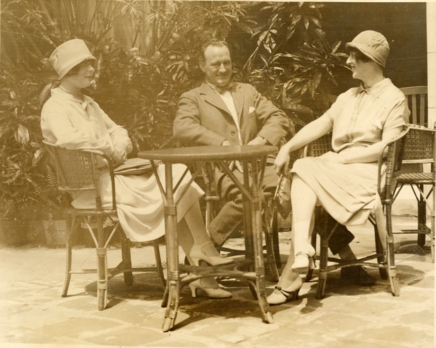 Biltmore Hotel guests: illustrator artist McClelland Barclay with Mrs. Barclay and artist Miss Ruth Brazee. Coral Gables, Florida - Recto