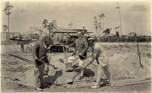 Three men at the groundbreaking ceremony of the Biltmore Hotel. Coral Gables, Florida - Recto