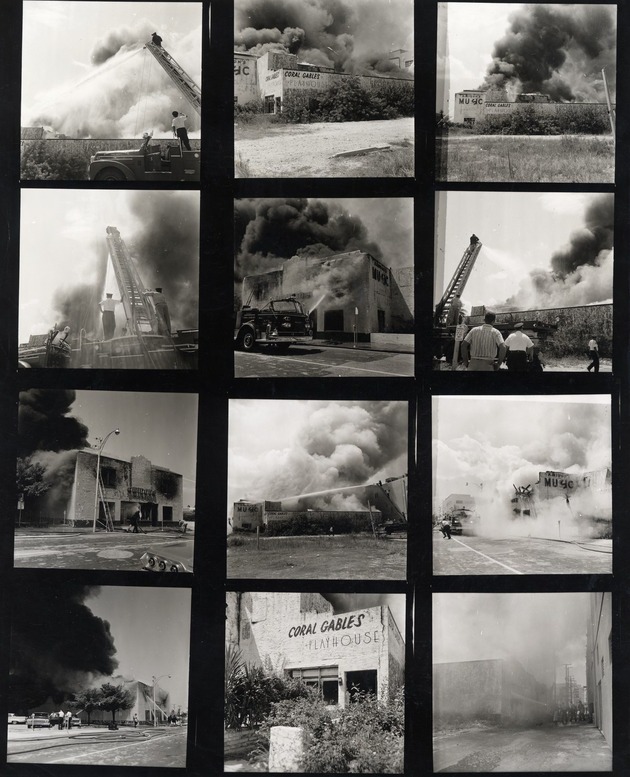Contact prints of firefighters fighting a fire at old Amidon Music store and Coral Gables Playhouse. Coral Gables, Florida - Recto