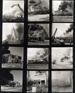 Contact prints of firefighters fighting a fire at old Amidon Music store and Coral Gables Playhouse. Coral Gables, Florida