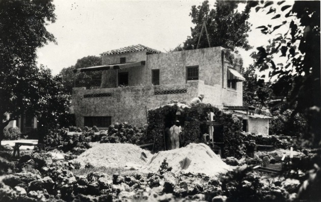 George Merrick's house. Backyard grotto and pond under construction. Coral Gables, Florida - 