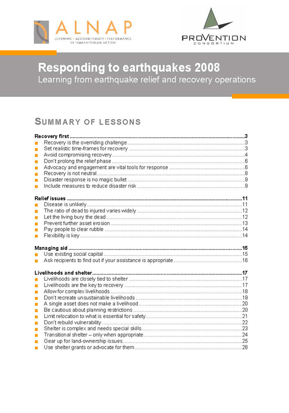 Responding to earthquakes 2008: learning from earthquake relief and recovery operations