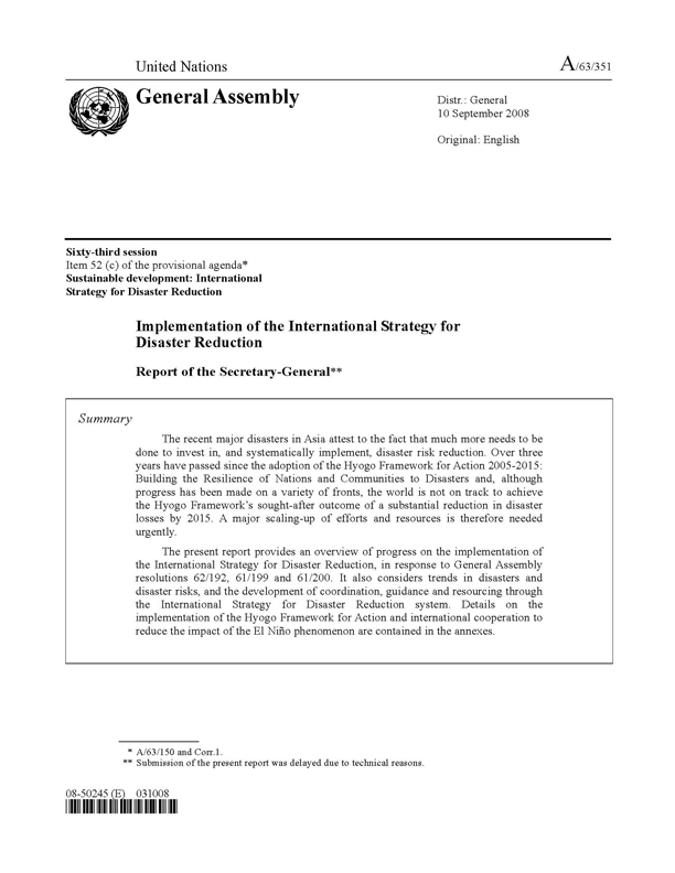 Implementation of the international strategy for disaster reduction