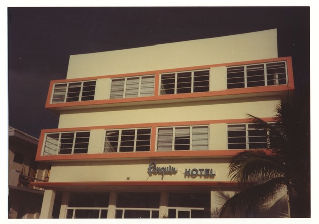 Views of hotels, cafes, clubs, temples, public buildings and restaurants on Ocean Drive and Washington Avenue, 1980s and 1990s - Photograph, recto: [View of the Penguin Hotel on 1418 Ocean Drive]