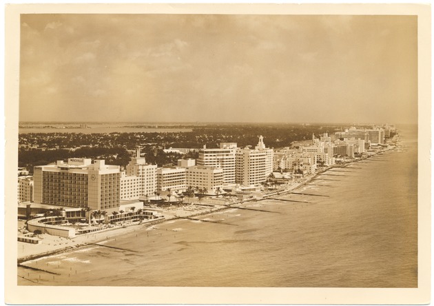 Miami Beach from Lummus Park to Allison Island, 1960s - Photograph, recto: [Aerial view of oceanfront hotels in North Beach]