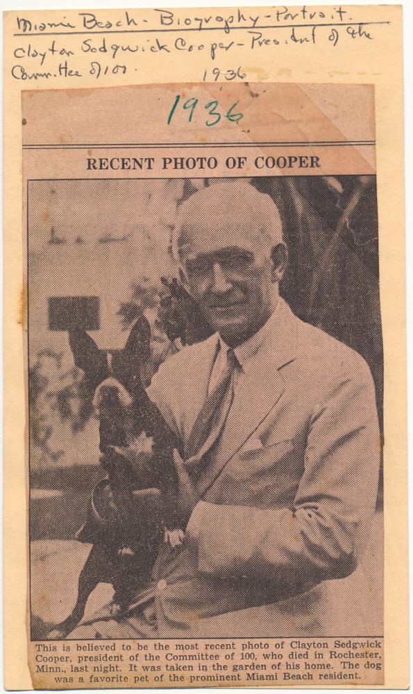 Newspaper clippings of prominent Miami Beach residents - Clipping, recto: [Portrait of Clayton Sedgwick Cooper, president of the Committee of 100]