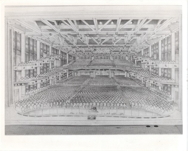Renderings and construction at the Theater of the Performing Arts - Photograph, recto: [View of rendering of construction at The Theater of the Performing Arts]