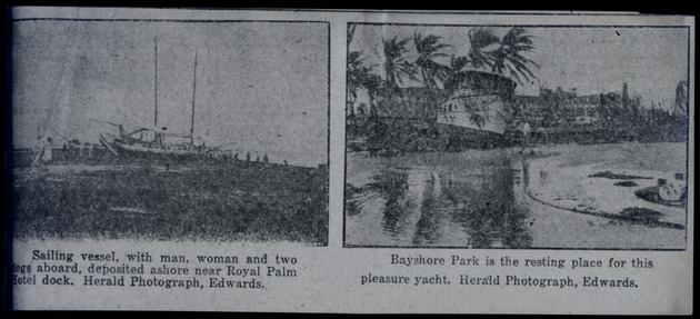 Wrecked sailing vessel and Bayshore Park after hurricane