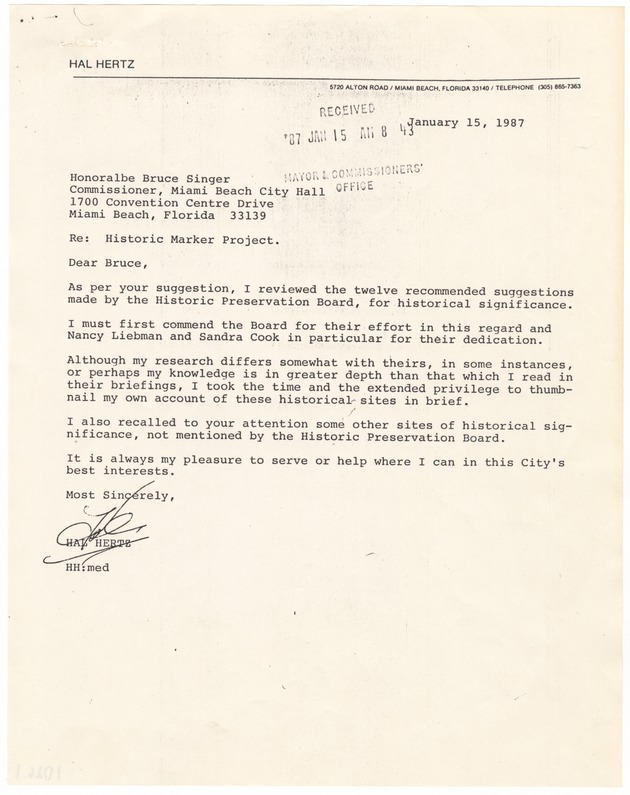 Historic Marker Project and other preservation programs documentation - Typescript, recto: [Letter addressed to Commissioner Bruce Singer from Hal Hertz regarding Historic Marker Project, January 15, 1987]