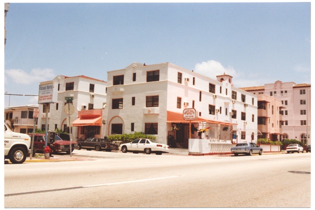 Buildings and street scenes in South Beach, 1990s - Photograph, recto: [View of the Mount Royal Hotel on Collins Avenue]