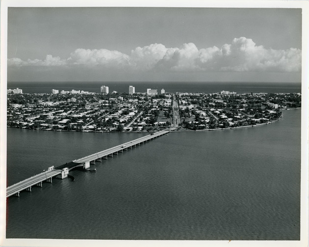 Aerial view of Broad Causeway bridge looking east to Bay Harbor Islands in Florida