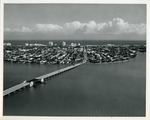 Aerial view of Broad Causeway bridge looking east to Bay Harbor Islands in Florida