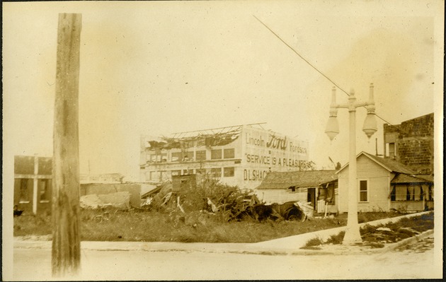 Shackleford's - Severe damaged building - building sign: "Lincoln Ford Fordson Service is a Pleasure"