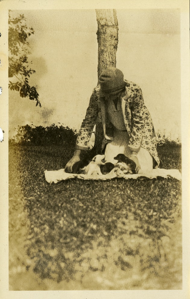 Woman with puppies on blanket in grass