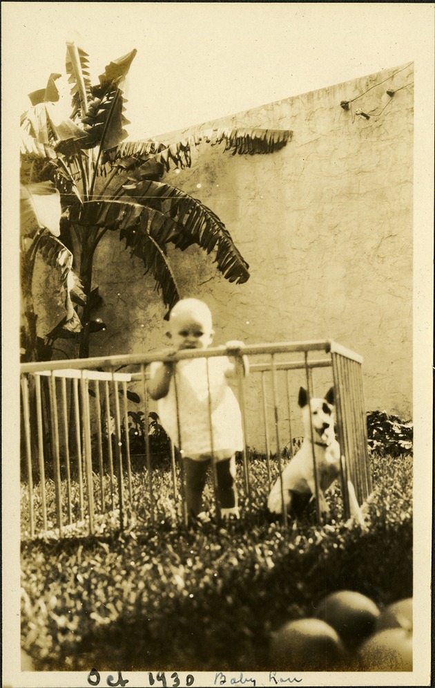 Oct 1930 - Baby Lou - Baby standing in playpen with dog in grass
